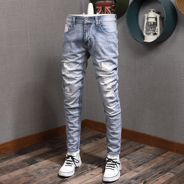 

2021 new korean style fashion men retro light blue destroyed cotton denim pants elastic designer slim trousers 23g2