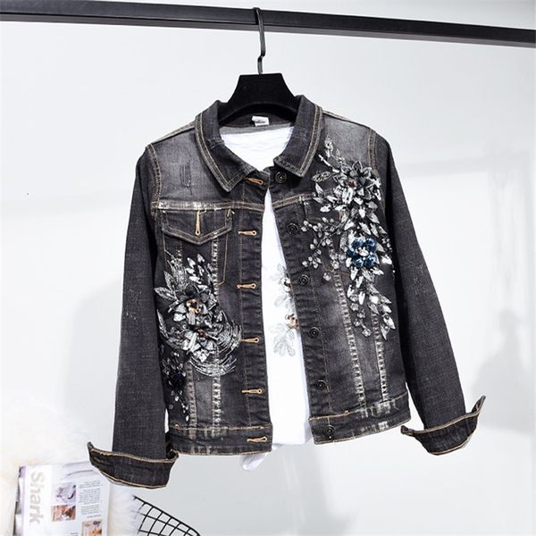 

fashion jeans female beading flower denim jacket + casual jean pants two piece set autumn new plus size loose women outfits wlcv, Blue