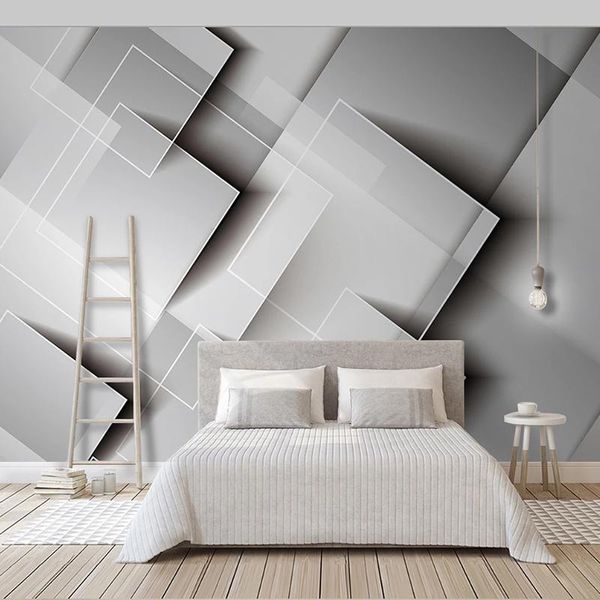 Wallpapers po wallpaper moderno geométrico gradual mudança quadrado splicing cinzento murais sala de estar tv sofá backgorund pintura de parede