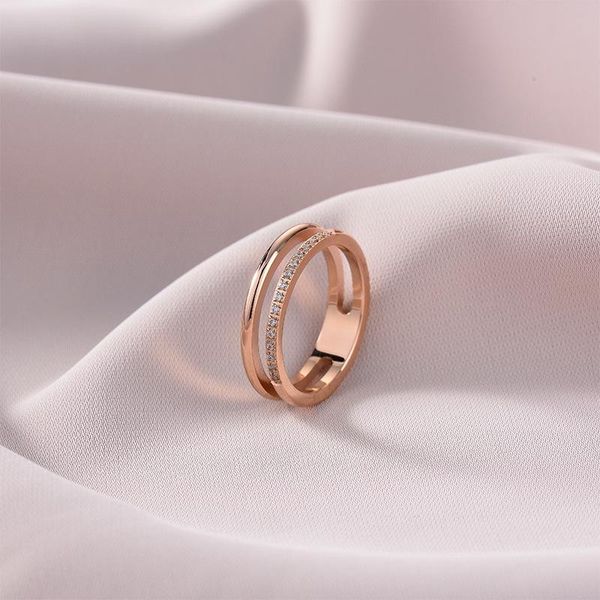 

wedding rings pink gold color stainless steel double layer for women fashion jewelry, simple engagement ring with crystal female jewelry, Slivery;golden