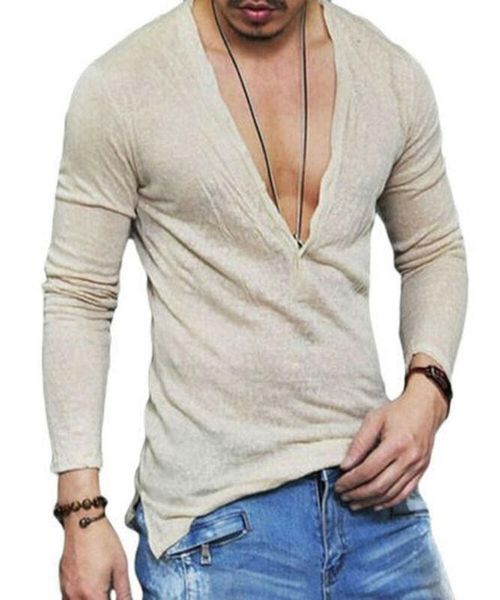 

men's t-shirts stylish men slim fit long sleeve casual t-shirt v-neck flax shirt muscle tee, White;black