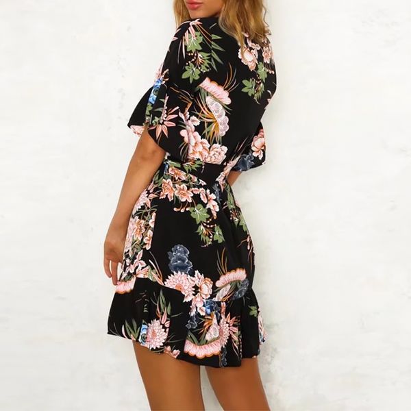 

2019 spring women sweet mini dress print loose short flare sleeve female dress sashes fashion floral dress, Black;gray