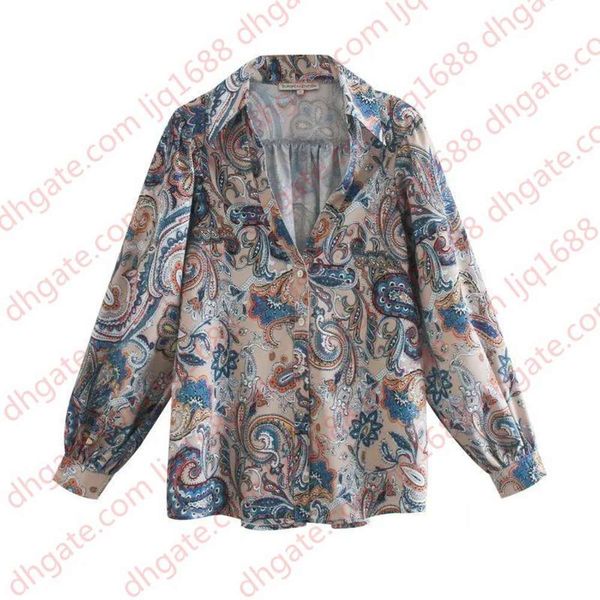 

2021 new women shirt paisley print v-neck lapel collar blouse vintage casual fashion female shirts femme mujer blouse, White