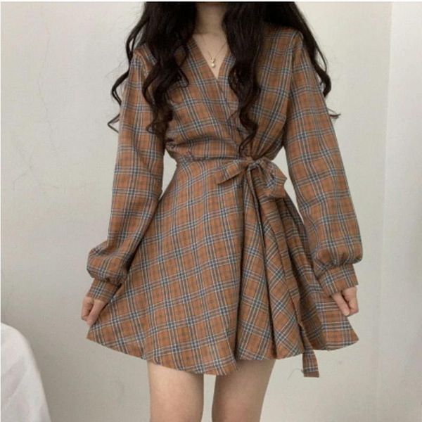 

casual dresses spring long sleeve dress women vintage plaid v-neck mini n high waist lace-up short preppy style vestido 8360#, Black;gray