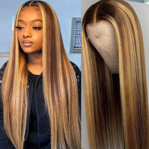 

lace wigs glueless front human hair wig 4/27 straight highlight ombre pre plucked bleached knots brazilian remy for black woman, Black;brown