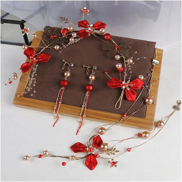 

hair clips & barrettes red floral bridal headbands tiaras beads pearl flower hairbands headdress wedding accessories, Golden;silver