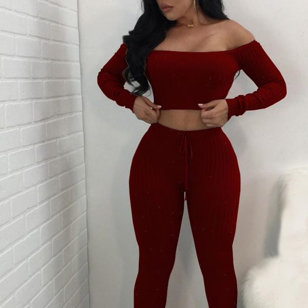 

plus size solid slash neck long sleeve two piece set drawstring off shoulder women tracksuit bodycon long pants women, Gray