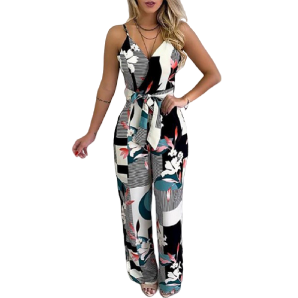 

women's jumpsuits & rompers off the shoulder jumpsuit women print zipper back 2021 summer wide leg pants v-neck sashes fashion overalls, Black;white