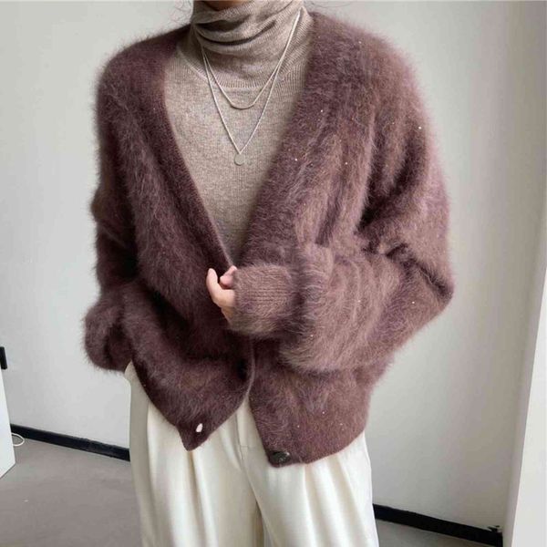 

women's jackets hzirip mink velvet solid lantern sleeve sweaters coats slim thicken warm v-neck all match casual cardigans autumn f2ya, Black;brown