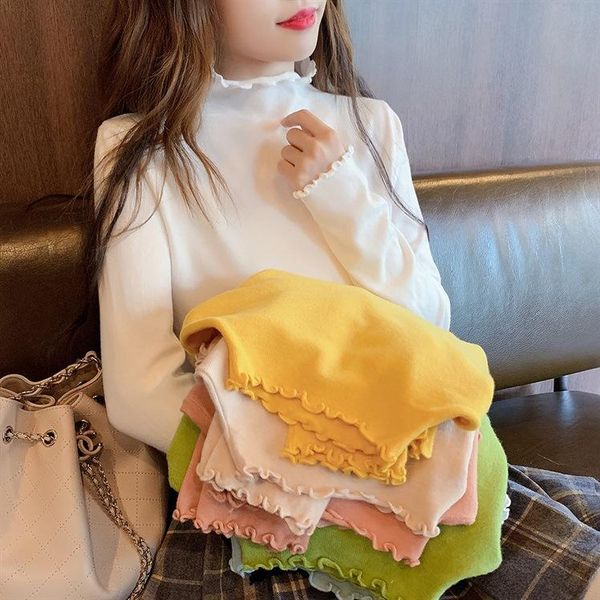 

women's sweaters sweater autumn and winter slim fit long sleeve middle neck bottomed lotus leaf edge top, White;black