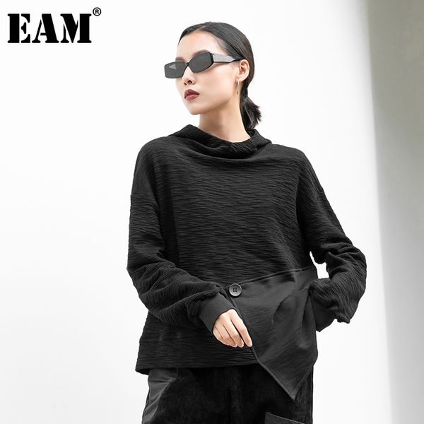 

[eam] women black contrast color irregular big size t-shirt new hooded long sleeve fashion tide spring autumn 2021 1db347 210315, White