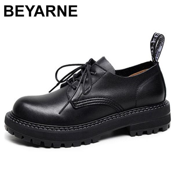 

dress shoes beyarne pumps women winter retro genuine leather 2021 lace-up round toe leisure handmade concise ladies, Black