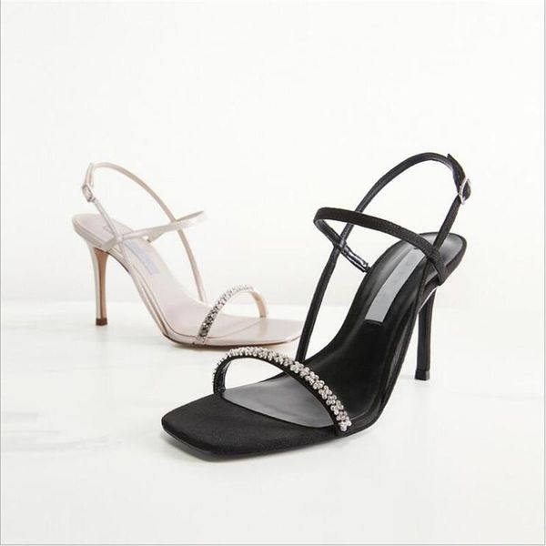 

sandals 2021 spring women's semi-precious stone decoration square toe high heel open sexy, Black