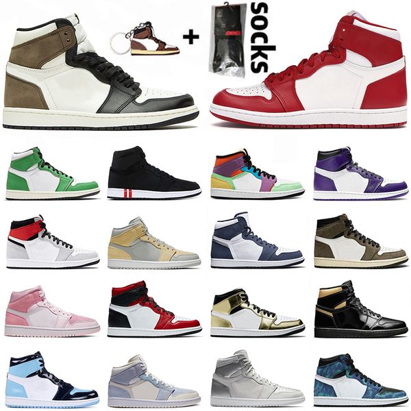 

with socks jumpman 1 1s mens womens basketball shoes lucky green digital pink mid se varsity purple sports trainers sneakers size 36-46