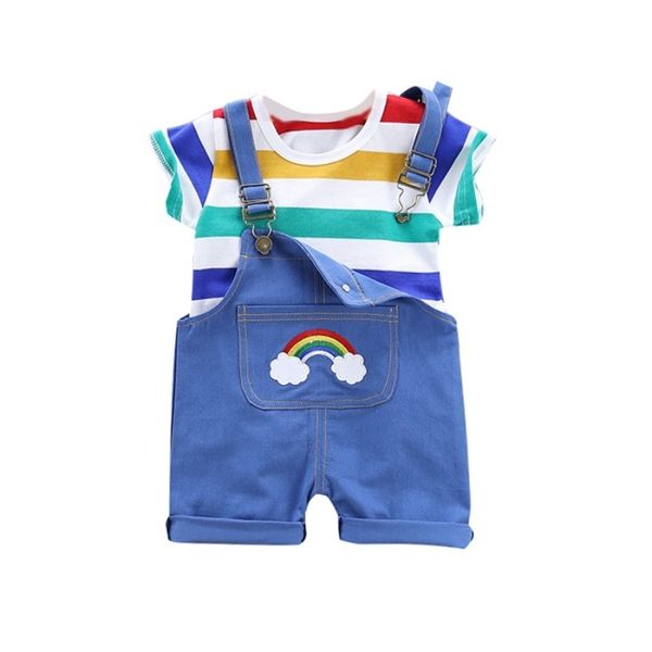 Kleinkind Baby Jungen Kleidung Sommer Kleidung Set Säuglings Mädchen Outfits Regenbogen Streifen T-shirt + Hosenträger Hosen Kinder Trainingsanzug Anzüge 210309