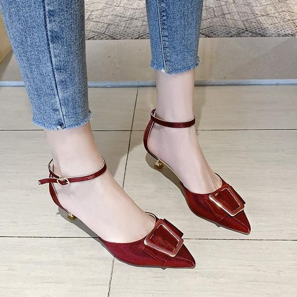 

dress shoes sequin high heels women elegant office thin buckle pumps summer pointed toe sandals metal heel 2021, Black