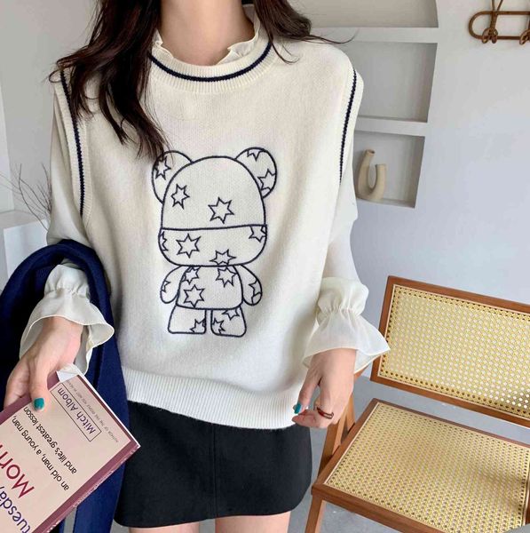 

autumn winter dign sense sweater waistcoat women's korean version loose cartoon embroidery bear knitted and vt, Black;white