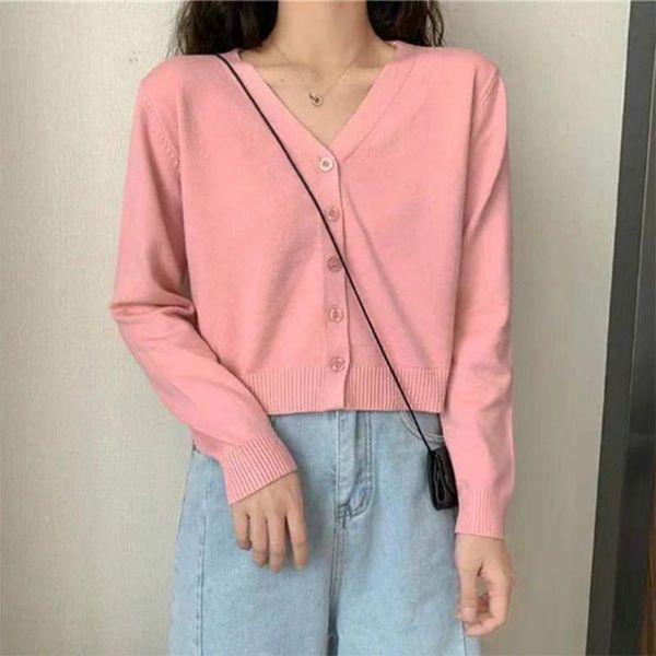 

women's knits & tees girls long sleeve knitted cardigan v neck sweater women korean style solid color short jacket autumn 2021, White