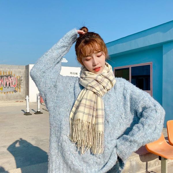 

scarves autumn/winter imitation cashmere colored grid scarf female korean version of a hundred students sweet neck shawl two uses., Blue;gray
