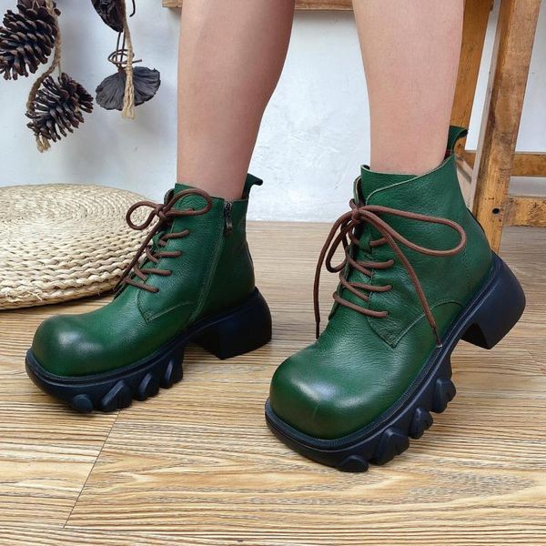 

boots johnature ankle women shoes genuine leather zip round toe 2021 autumn winter lace-up concise handmade platform, Black