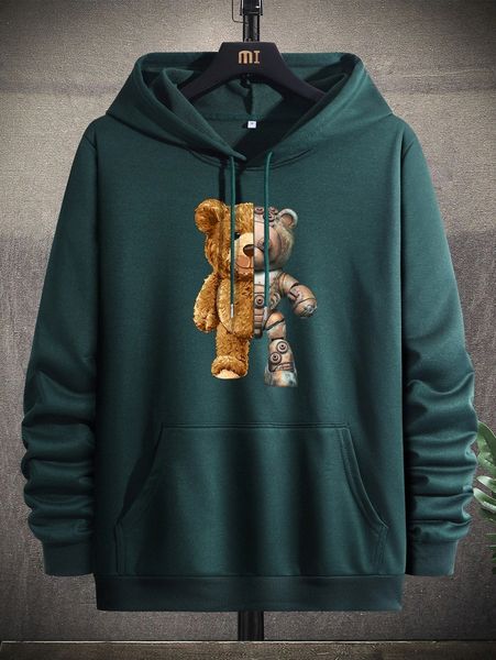 

men bear doll print kangaroo pocket drawstring hoodie q1yj#, Black