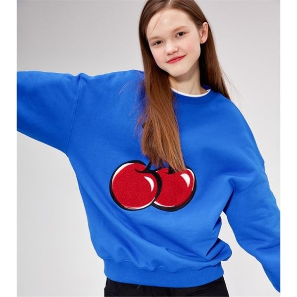 

brand fashion big cherry embroidery loose solid sweatshirt hoodies women girls autumn new fashion pullovers casual 201126, Black