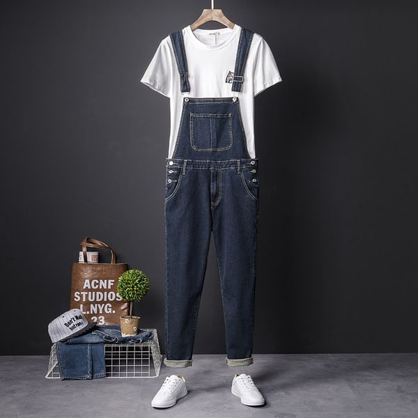 

trendy mens overalls suspender pants slim korean style fashionable slimming skinny jeans washed pencil pants for men and women, Blue