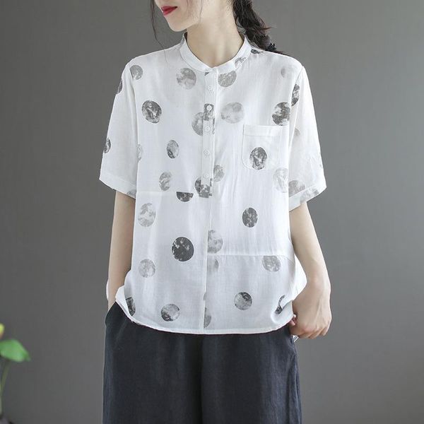 

women's blouses & shirts johnature 2021 summer retro print o-neck short sleeve cotton linen shirt simple comfortable pockets all-match, White