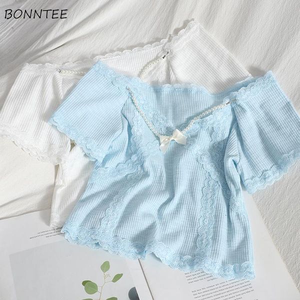 

women's blouses & shirts women lovely girls soft female bow fashion design summer holiday square collar all-match patchwork slim crops, White