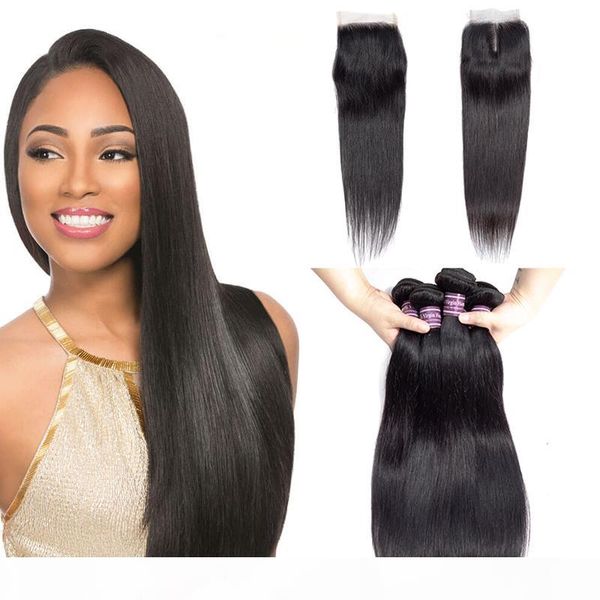 

virgin brazilian straight human hair bundles with closure unprocessed human hair weave 4 bundles with lace closure natural color, Black