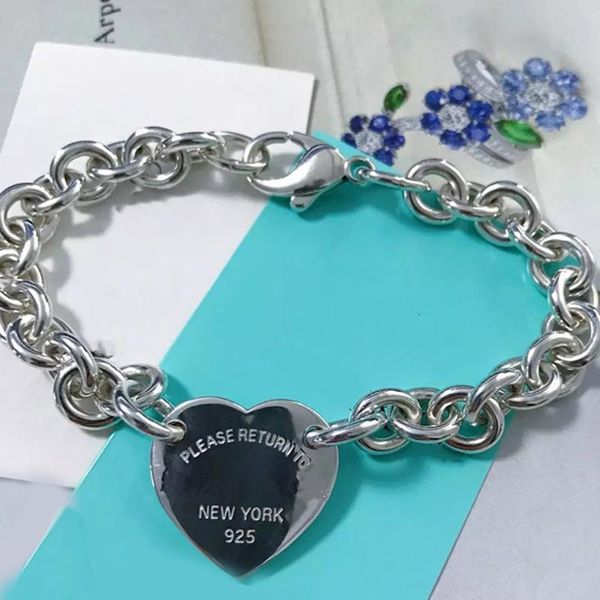 

beaded, strands 1:1 sterling silver tff925 high-quality charm heart-shaped thick bracelet engraved return original official logo couple, Black