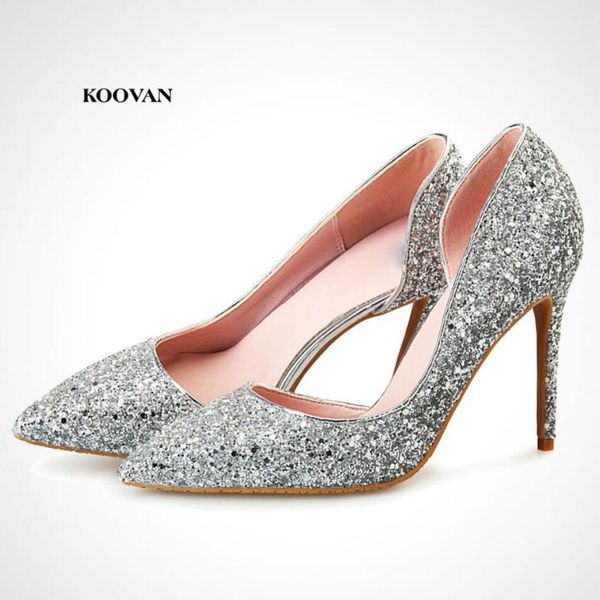 

koovan women pumps 2021 new fashion women shoes pointed high-heeled with thin 10cm gold silver sequins wedding shoes, Black