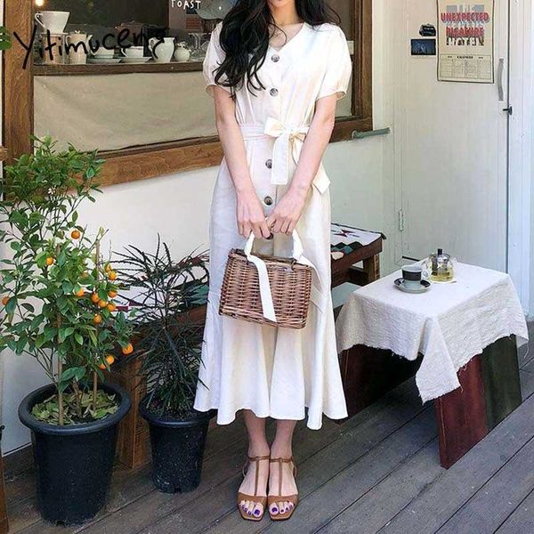

yitimuceng creamy white dress women bandage button up midi trumpet dresses puff sleeve high waist summer korean fashion 210601, Black;gray