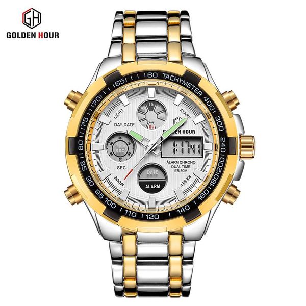 

wristwatches goldenhour 2021 men's watch stainless steel quartz business male clock fashion led alarm relogio masculino, Slivery;brown