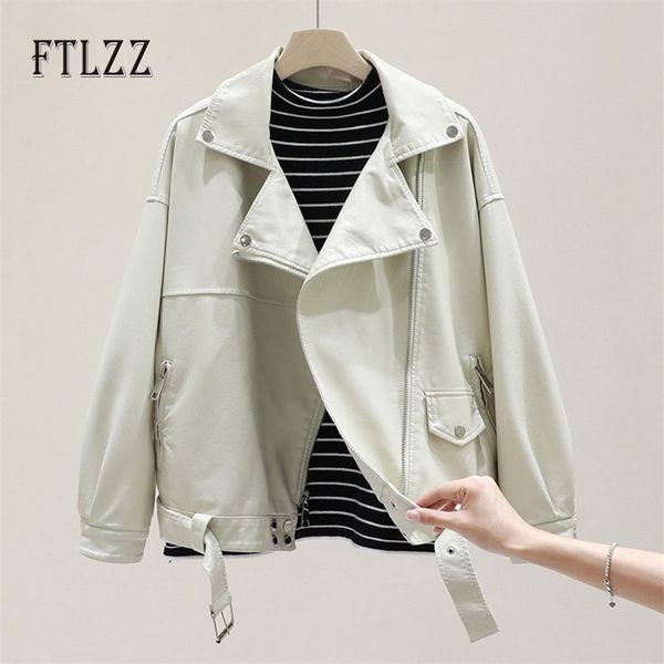 

women leather coats spring autumn loose streetwear biker moto faux jacket ladies casual short with belt outwear chaqutas 210525, Black
