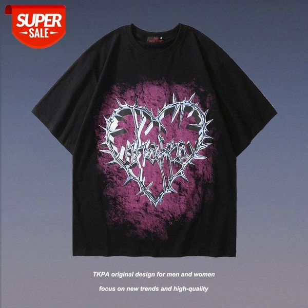 

high street thorns chain love print short-sleeved t-shirt dark funeral loose hiphop men and women #h51g, White;black