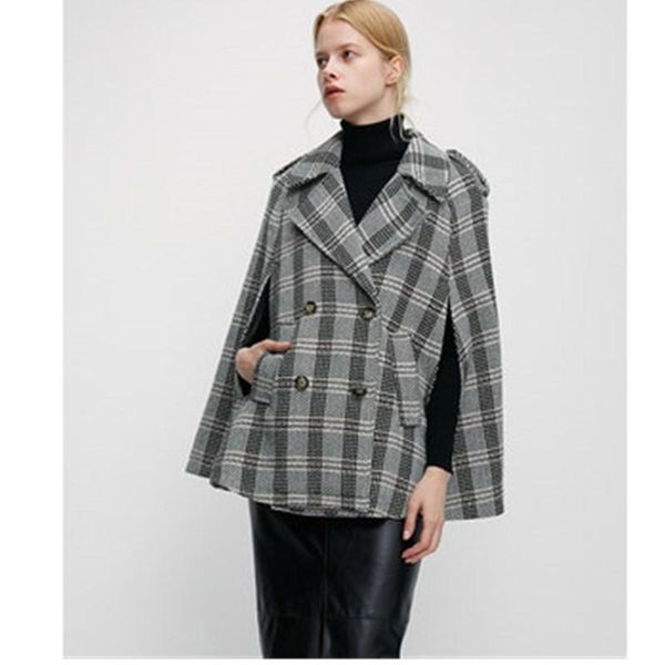 

fashion ladies plaid loose cape turn-down collar overcoat winter casual women woolen cloak jacket female autumn ponchos, Black