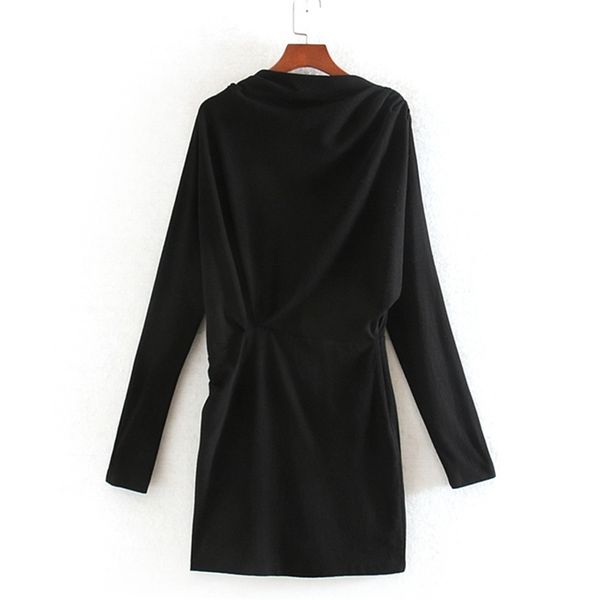 Casual O Neck Schwarze Kleider Frauen Mode Falten Gerade Kleid Zurück Reißverschluss Elegante Damen Langarm Mini 210531