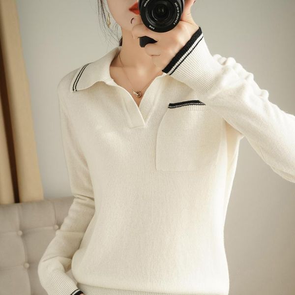 

women's sweaters women sweater 100% wool knitting pullovers turn-down collar jumpers female winter fashion woolen knit-clothes, White;black