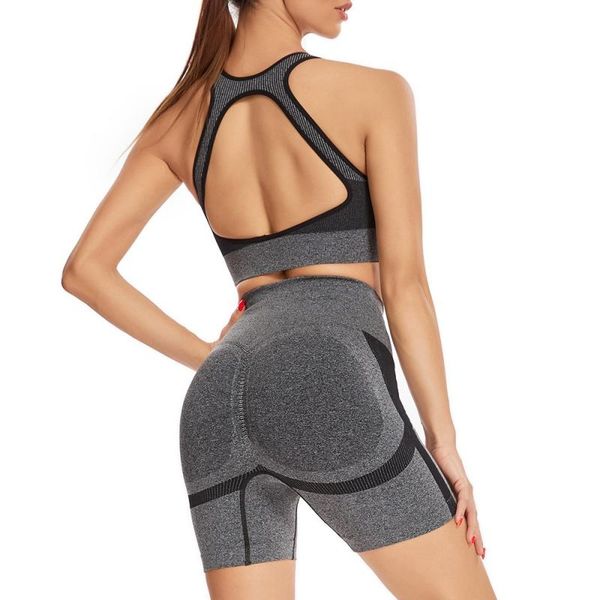 

yoga outfit women seamless knit set backless push up fitness bra with high waist abdomen shorts
