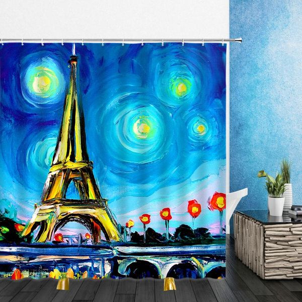 

cartoons landscape shower curtains painting iron tower animal 3d print bathroom home decor waterproof polyester cloth curtain