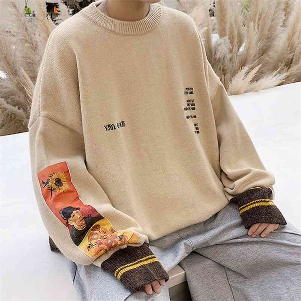 

autumn cotton hip hop men sweater pullover pull homme van gogh painting embroidery knitted sweater vintage mens sweaters 210818, White;black
