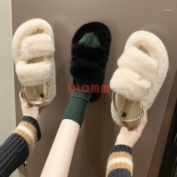 

women summer casual fur slippers flat non-slip solid real hair slides large size 35-391, Black