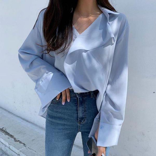 

women's blouses & shirts [ewq] 2021 spring women fashion casual solid color blouse single breasted blue white cross split sunscreen loo
