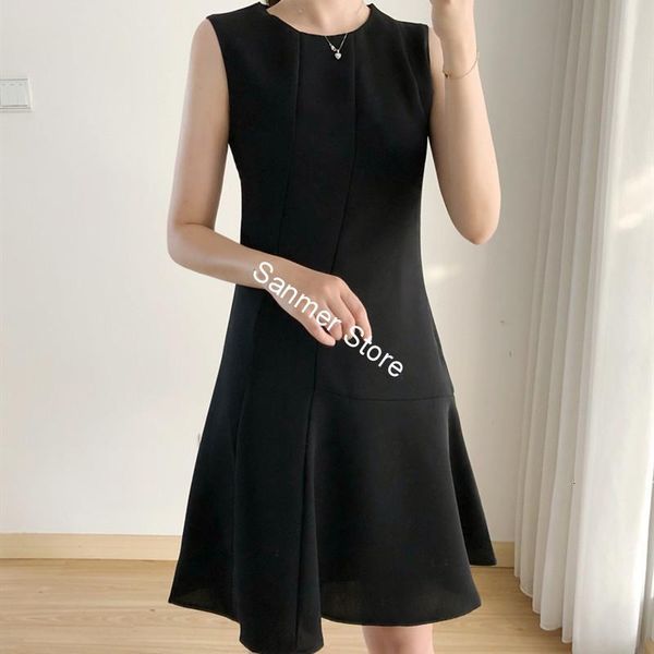 

2021 new mulheres slido vestido curto sem mangas babados o-neck cintura alta vero nova senhora do escritrio robe sdc5, Black;gray