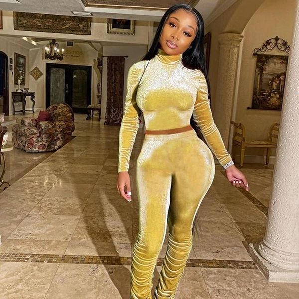

autumn winter velvet tracksuit 2 piece set women two piece outfits 2021 crop stacked pants matching sets sweat suits women, Gray