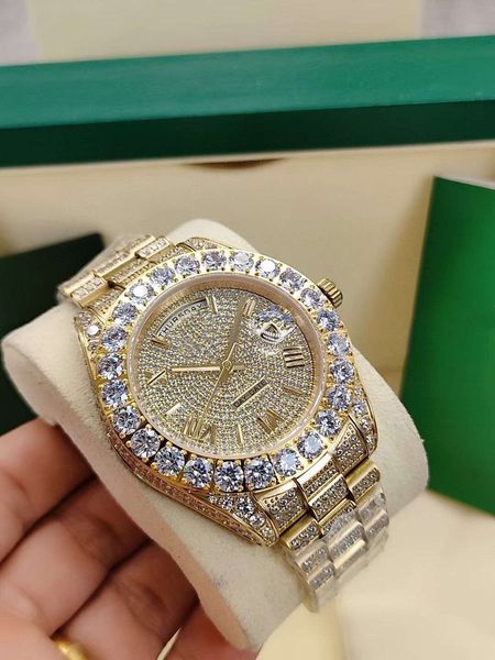 

2021 43mm automatic mechanical men's watches full diamond bezel stainless steel strap sport man wristwatches waterproof male wristwatch, Slivery;brown