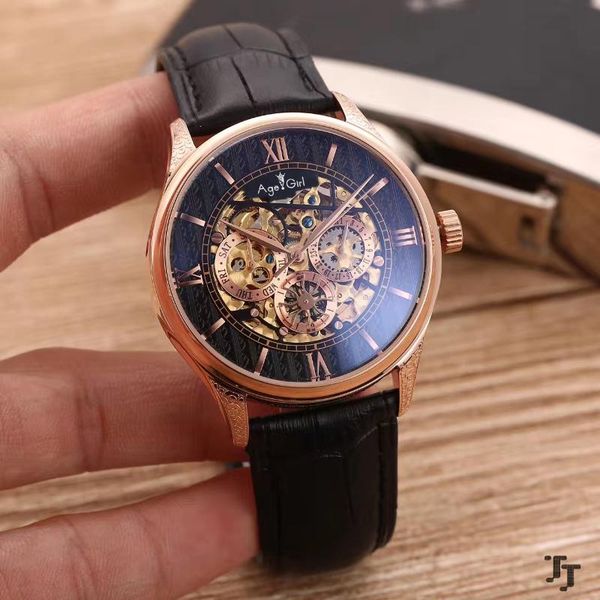 

wristwatches men automatic mechanical skeleton rome stainless steel black blue leather sapphire rose gold watch, Slivery;brown