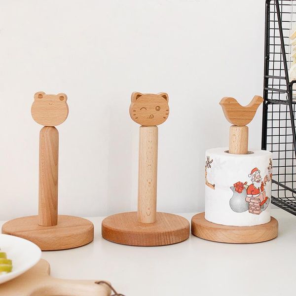 

hooks & rails tissue holder japanese style solid wood kitchen toilet roll paper storage rack cartoon animal head beech bathroom tool
