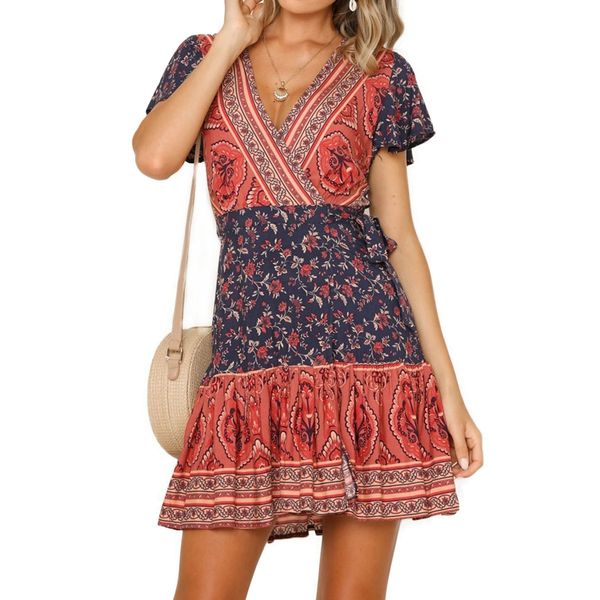 

summer floral print dress women mini dress vintage v-neck bohemian beach sundress short flare sleeve boho dress street, Black;gray